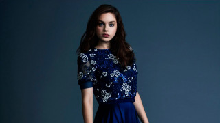 Woman blue dress suitcase pose 2 - her hand and a suitcase free wallpaper
