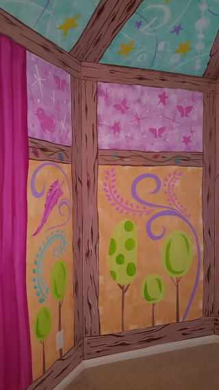 Window bird pink curtain tree - metaphysical painting free wallpaper