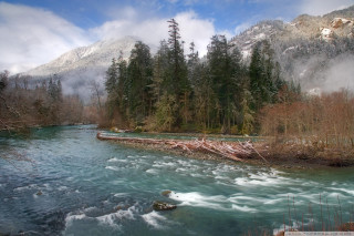 River mountain fallen tree clouds - fallen free wallpaper