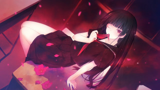 Woman black dress bed red 2 - a red bow tie free wallpaper