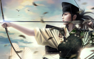 Woman costume bow arrow flying - a woman in a costume holding free wallpaper