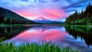 Mountain pink sky lake grass 6 - a lake in the foreground free wallpaper