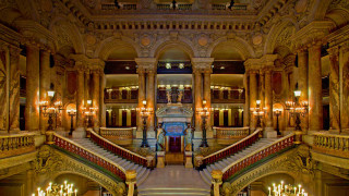 Large building staircase chandeliers center - center area free wallpaper