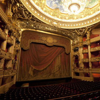 Theater curtain stage clock mural - a detailed matte painting free wallpaper