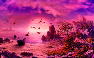 Boat water birds flying castle - a castle in the distance free wallpaper