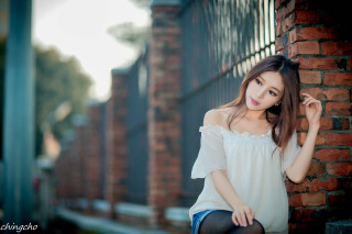 Woman leaning brick wall hand 3 - mesh wire free wallpaper