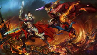 Two men armor fighting fire - du jin free wallpaper