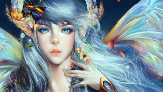 Woman blue hair butterfly head - butterfly free wallpaper