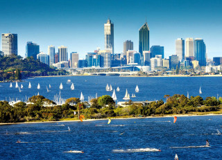 City skyline sailboats lake water - elizabeth durack free wallpaper