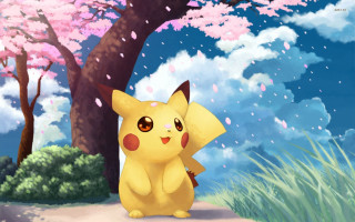 Pikachu tree pink flowers blue - a pikachu free wallpaper