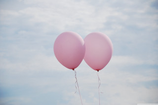 Pink balloons floating sky background - neoplasticism free wallpaper