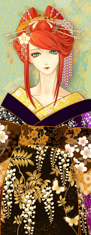 Red hair kimono flower butterfly - red hair free wallpaper