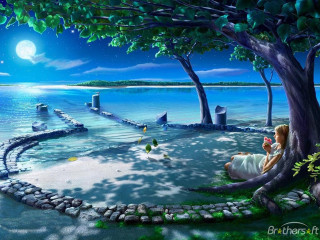 Woman tree water night full 2 - a painting of a woman free wallpaper