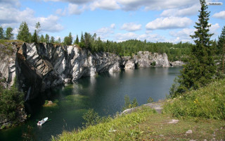 Lake rocky cliff forest boat - lake free wallpaper
