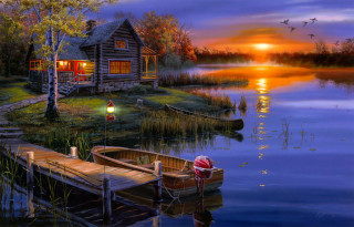 Boat lake cabin sunset full - evgeny lushpin free wallpaper