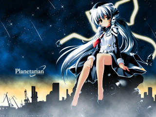 Anime girl sitting ledge sky - a city in the background free wallpaper
