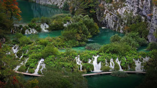 Waterfall green trees lake bridge - a bridge in the middle free wallpaper