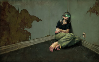 Woman green eyes peeling paint 2 - free cyberpunk wallpaper