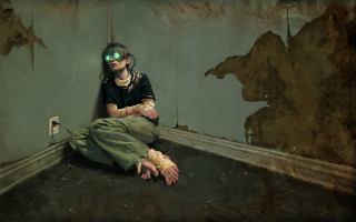 Woman sitting green eyes cyberpunk - paint free wallpaper