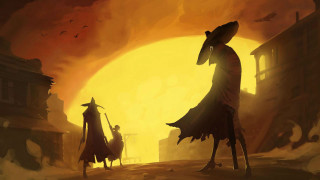 Woman child walking street sunset - 2 d game art free wallpaper