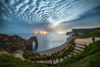 Stairway beach ocean cliffs sunset - a stairway free wallpaper