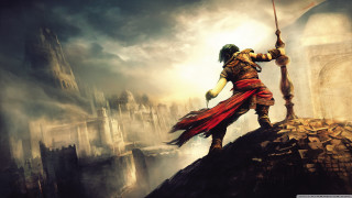 Man red outfit sword hill - top of a hill free wallpaper