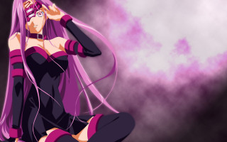Purple haired woman anime medusa - her hand behind her head free wallpaper