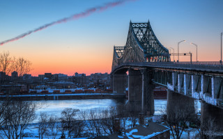 Bridge river skyline city distance - art noveau free wallpaper
