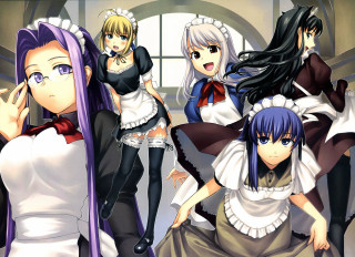 Anime girls maid outfits posing - a group of anime girls free wallpaper