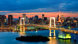 City skyline bridge river night 46 - orange sky free wallpaper