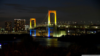 Lit bridge night city background 2 - a bridge in the foreground free wallpaper