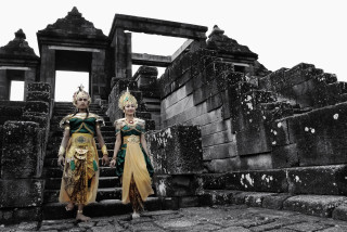 Two women costumes stone staircase - costume free wallpaper