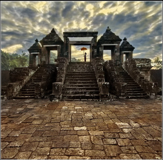 Stone stairway clocktower cloudy sky - a detailed matte painting free wallpaper