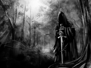 Man hooded robe sword forest 2 - tree and fog in the background free wallpaper