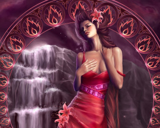 Woman red dress waterfall flower - an art deco painting free wallpaper
