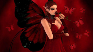 Woman red dress rose butterfly - her back free wallpaper