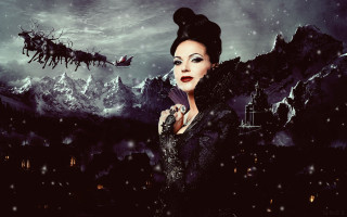 Woman black santa flying sleigh - the sky behind her free wallpaper