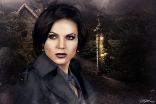 Woman black coat dark background - a house and trees free wallpaper