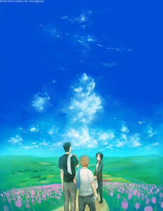 Couple people field flowers blue - under free wallpaper