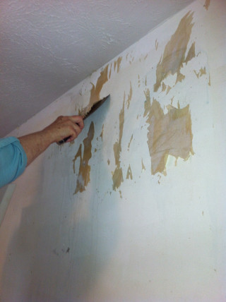 Man painting brown wall white - paint free wallpaper