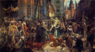 Crowd city street flags banners - rutkowski free wallpaper