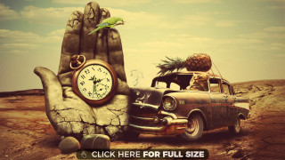 Car clock hand bird perched - a surrealist painting free wallpaper