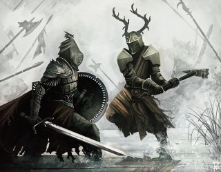 Two knights armor swords deer - their back free wallpaper