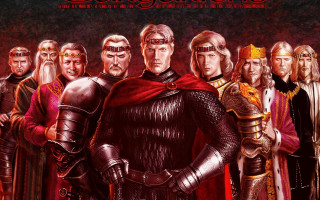 Men armor group red background - a group of men free wallpaper