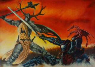 Knights fighting demon grass red - a red sky in the background free wallpaper