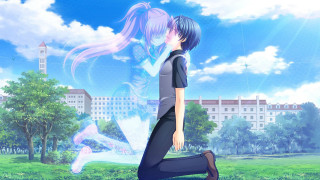 Girl black shirt girl blue - a building in the background free wallpaper