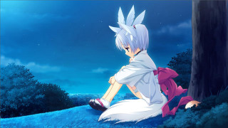 Girl sitting grass tree background - a screenshot free wallpaper for desktop