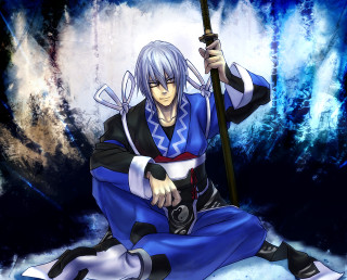 Man blue outfit sword stick - ground free wallpaper