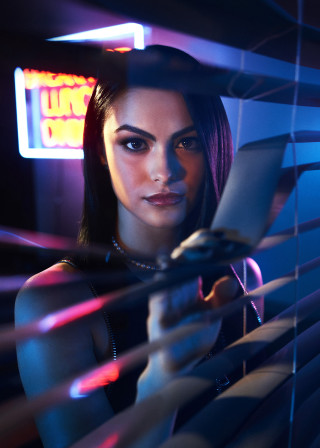 Woman looking through blinds neon - private press free wallpaper