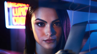 Woman holding knife neon lights - a neon sign behind her free wallpaper